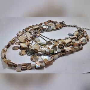 Mother Of Pearl Layered Multi Strand Silver Tone Necklace